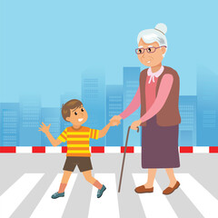 little kid helping eldery to cross the road. vector,illustration