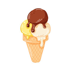 Ice cream cone with scoops of chocolate, vanilla and lemon flavor melting on top in a waffle cone isolated on white background. Perfect cartoon design for summer dessert design and cafe logo.