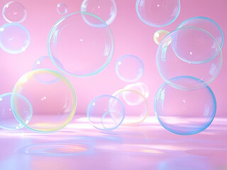 Floating Iridescent Soap Bubbles on Pink Gradient Background