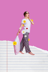 Banner poster collage of young lady yawning with pillow flowers on pink background paper sheets