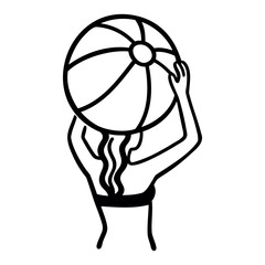 Black and white line drawing of a woman with long wavy hair holding a beach ball above her head from behind.