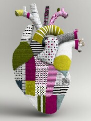 3D model of a human heart made of colorful fabric patches, symbolizing cardiovascular health, cardiology, and medical research