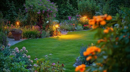 Obraz premium Evening garden lit by lanterns. Lush flowers and greenery