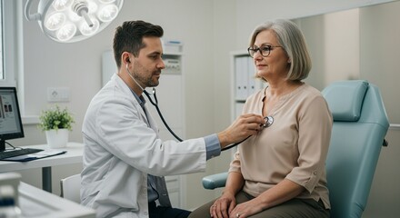 Obraz premium Middle-aged woman having a medical check-up, doctor using a stethoscope, calm and professional atmosphere, modern clinic setting