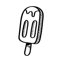 Black and white line drawing of a popsicle with a bite taken from the top, showing melting drips and a wooden stick.