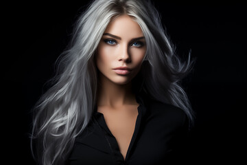 Fototapeta premium A captivating portrait of a woman with stunning silver hair and intense blue eyes, exuding elegance and confidence.