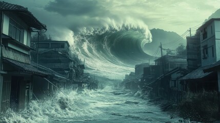 A futuristic coastal city is swallowed by a tsunami, waves crashing into buildings