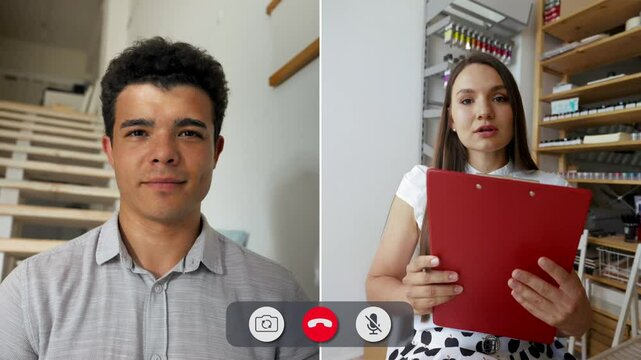 Two individuals participate in a split screen online discussion. One person is seated at a staircase, while the other is in a well-lit room. They exchange ideas and take notes.
