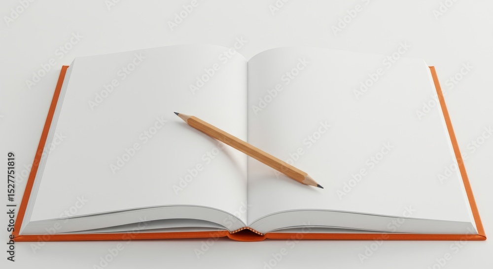 Poster open notebook with pencil - an open blank notebook with a wooden pencil rests on a white background.