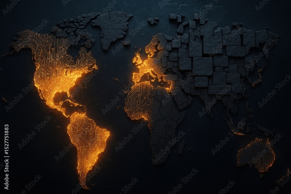 Poster world map showing growing autocracy with digital circuits and stone blocks depicting control, modern