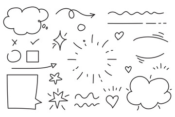 Hand drawn line chalk brush stroke arrow icon set. Chalk crayon underline, check mark, scribble and texture in rough hand sketch style. Drawn heart, frame, star design shapes. Vector illustration