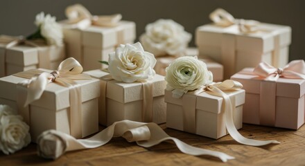 Pastel Gift Boxes with White Flowers on Wooden Table - Elegant pastel gift boxes adorned with white flowers, symbolizing celebration, love, appreciation, delicacy, and new beginnings