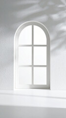 Small arch window in textured white wall. Minimalist architectural detail, rustic plaster. Ideal for backgrounds, interior design, light & shadow.