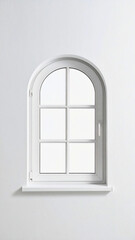 Small arch window in textured white wall. Minimalist architectural detail, rustic plaster. Ideal for backgrounds, interior design, light & shadow.