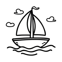 Black and white line drawing of a sailboat on water with three clouds in the sky.