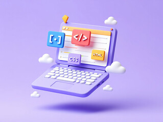 3D Render of Purple Laptop with HTML CSS and Javascript Coding Symbols and Clouds