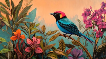 Vivid songbird portrait in an expressive floral paradise capturing wild beauty