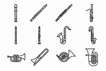 Fototapeta premium Outline illustrations of various musical instruments including wind and brass types