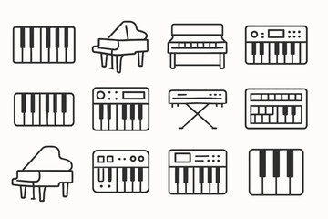 Variety of piano and keyboard icon set in line art style