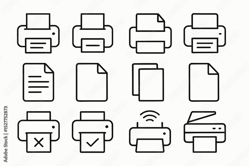 Poster printer icon set featuring various document states and functions in outline style