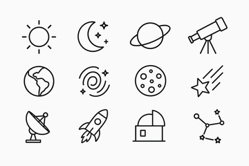 Space exploration icons: sun, moon, planets, telescope, earth, galaxy, rocket