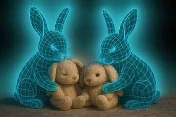 Dreamlike scene of bunnies cuddling with futuristic holographic companions