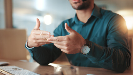 Hands, man and explain on computer for video call, assistance and advice for customer service....