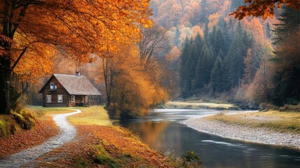 Obraz premium Autumnal cabin by a river in a misty forest