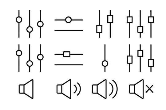 Audio control icons: volume, equalizer, mute, and sound settings in vector style