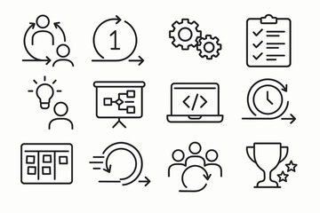 Agile project management icons set with gear, checklist, and trophy symbols