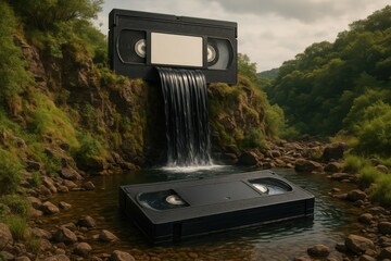 Surreal vhs tape waterfall in lush green valley landscape