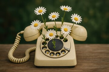 Vintage rotary phone with floral arrangement for nostalgic decor
