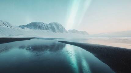 Futuristic coastal landscape with polished obsidian and majestic mountains under northern lights