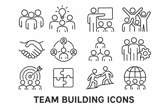 Team building icons: collaboration, innovation, leadership, connection, strategy, growth