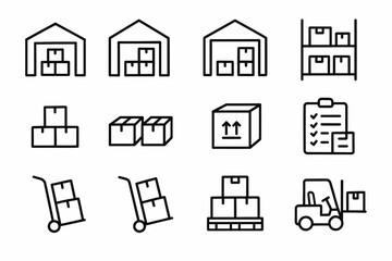 Fototapeta premium Warehouse logistics icons: storage, packaging, and transportation symbols set