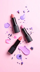 Lavender Nail Polish and Lipstick on Pink. A stylish cosmetic still life for beauty products, fashion, and creative projects.