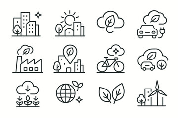 Eco-friendly urban concepts icons including solar, electric car, green energy, sustainable cycling, and leaf symbols