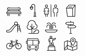 Urban park and city amenities icon set with bench, playground, and transportation symbols