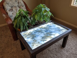 Modern glass-top coffee table with illuminated design living room furniture highlight cozy environment close-up view contemporary concept