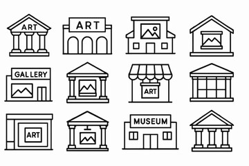 Art icon set: gallery, museum, exhibition, architecture symbols in line style