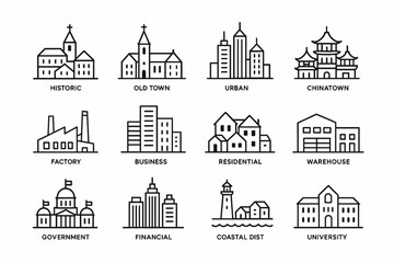Obraz premium Icon set depicting diverse city structures and neighborhoods