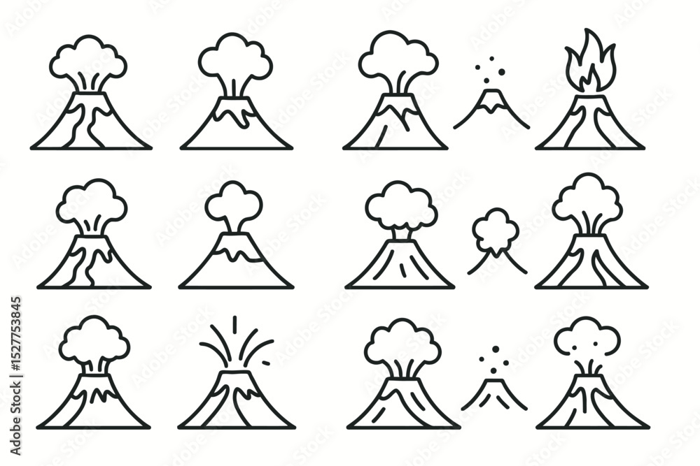 Poster various volcano icon set displaying eruptions and smoke in simple line art style