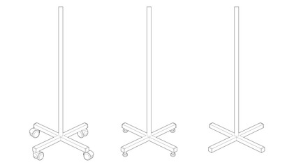 Vector illustration of three minimalist vertical stands with cross-shaped bases, including versions with wheels. Line art style. Isolated on white background. Horizontal orientation.