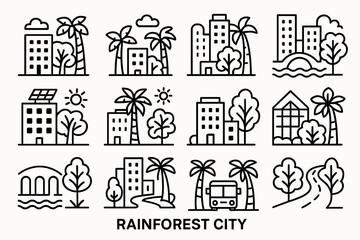 Obraz premium Black and white line art of rainforest cityscapes with buildings and nature elements