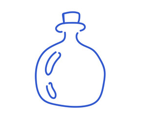 Outline of round glass bottle with stopper. Hand-drawn blue line icon isolated on white background.
