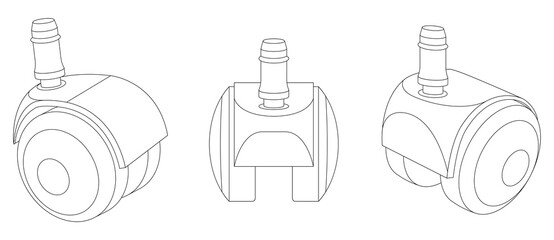 Vector illustration of three office chair caster wheels in different angles. Line art style. Isolated on white background. Horizontal orientation. Suitable for technical or product design.