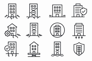 Earthquake-resistant building icons set with safety symbols
