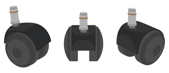 Office chair caster wheels set. Vector illustration of black replacement roller wheels for desk chair, front and side views. Isolated on white.