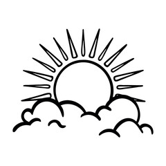 Black sun partially covered by clouds with rays extending outward in a simple line art style.