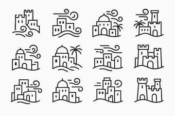 Minimalist castle and domed building line art collection with palm trees